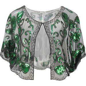 🆕 Women Green Sequin Beaded Evening Cape Bridal Shawl Bolero Flapper Cover Up